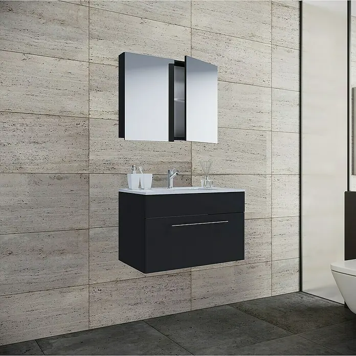 VCM Badinos Badmöbel-Set SPS - 80 cm, Schwarz - Moderne Badezimmer-Waschtischkombination in Schwarz mit Spiegelschrank für stilvolle Badezimmergestaltung.