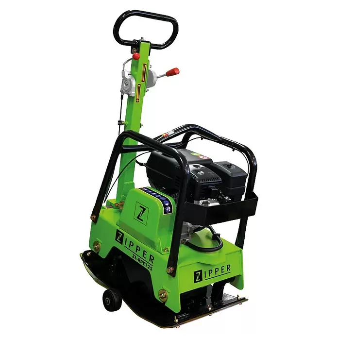 Zipper Rüttelplatte ZI-RPE125 - 4,1 kW, Tankvolumen: 3,6 l - Grüner und schwarzer Rüttelplatte zur Bodenverdichtung.