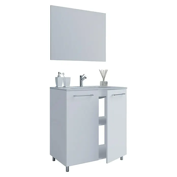 VCM Badinos Badmöbel-Set T2 - 60 cm, Weiß, 3 -tlg. - Modernes Badezimmer-Waschbeckenunterschrank-Set mit Spiegel. Das schlichte, weisse Design passt perfekt in jedes Badezimmer.