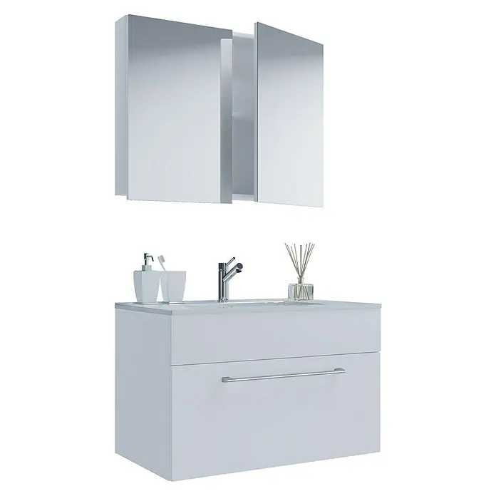 VCM Badinos Badmöbel-Set SPS - 80 cm, Weiß - Bild eines modernen weißen Badezimmerschranks mit Waschbecken, Armatur und Spiegelschrank, ideal für stilvolle Badezimmerdesigns.
