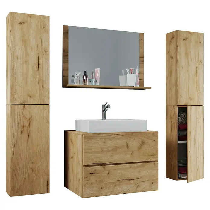 VCM Lendas Badmöbel-Set - 127 cm, Honig-Eiche - Badezimmer-Waschtischkombination mit Holzstruktur, bestehend aus Unterschrank, Waschbecken, Spiegelschrank und Hochschränken.