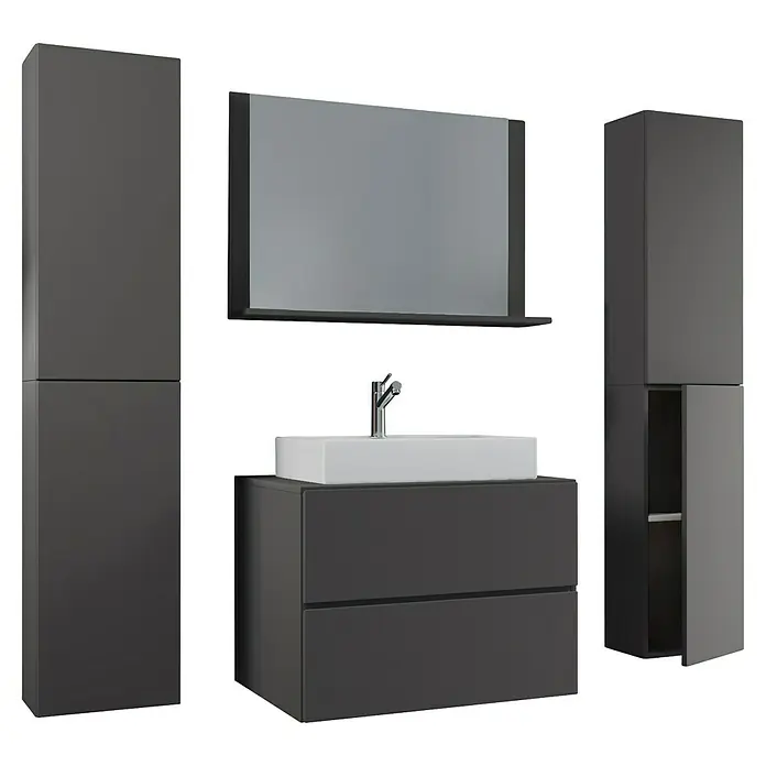 VCM Lendas Badmöbel-Set - 127 cm, Anthrazit - Badezimmer-Set mit Waschtischunterschrank, Waschbecken, Spiegelschrank und zwei Hochschränken in dunklem Grau.