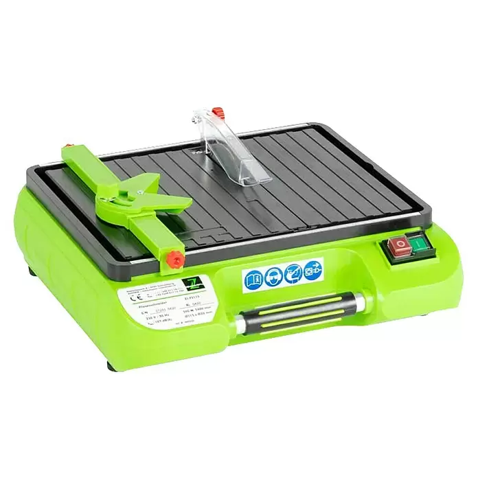 Zipper Elektro-Fliesenschneider ZI-FS115 - 500 W, Schnitttiefe bei 90 °: 25 mm - Hellgrüner und schwarzer elektrischer Fliesenschneider mit durchsichtigem Blattschutz und grünem Anschlag.