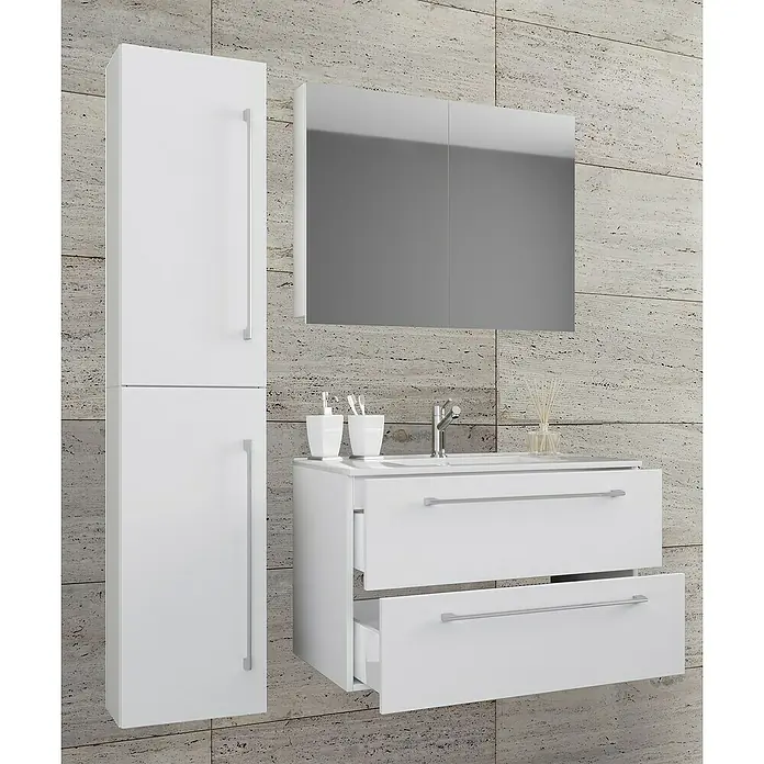 VCM Badinos Badmöbel-Set SPS - 81 cm, Weiß - Elegantes Badezimmerset mit weißem Waschtischunterschrank mit Schubladen, Spiegelschrank und Hochschrank für ein modernes Ambiente.