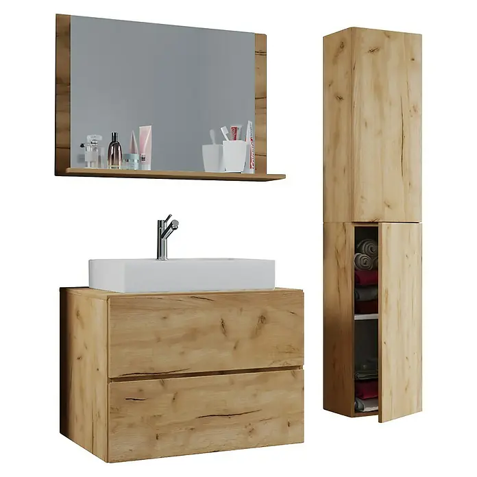 VCM Lendas Badmöbel-Set - 94 cm, Honig-Eiche - Badezimmermöbel-Set in Holzoptik mit Spiegel, Waschtisch und Hochschrank für ein stilvolles Ambiente.