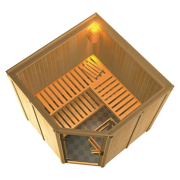 Karibu Elementsauna Jarin - Mit 9 kW Bio-Ofen mit externer Steuerung, Ohne Dachkranz, Materialspezifizierung Tür: Massivholztür, L x B x H: 196 x 196 x 192 cm - Die Abbildung zeigt eine Draufsicht auf eine helle Holzsauna mit Bänken und einem Schachbrettmuster-Fußboden. Eine Lampe spendet warmes Licht.