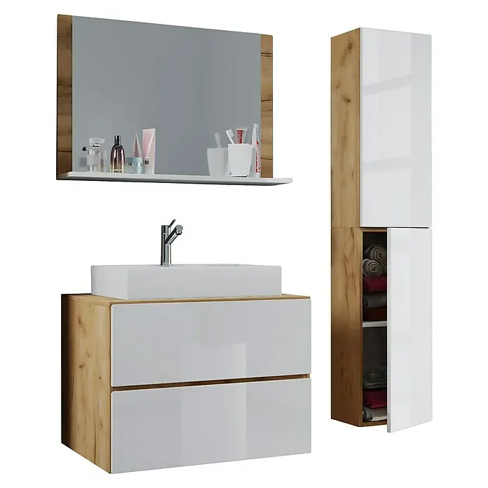 VCM Lendas Badmöbel-Set - 94 cm, Honig-Eiche/Weiß - Badezimmer-Set mit Waschbeckenunterschrank, Spiegel und Hochschrank in Holzoptik mit weißen Fronten. Moderne Badmöbel für ein stilvolles Bad.