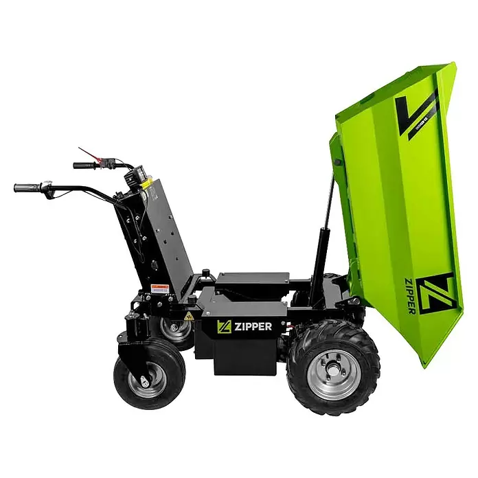 Zipper Raddumper ZI-ED500 - Akkuspannung: 48 V, 1 Akku, 32 Ah - Grüne und schwarze elektrische Minidumper mit angehobenem Kippbehälter.