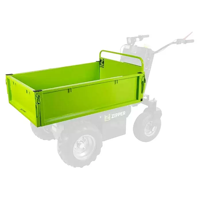 Zipper Flachwanne - Passend für: Zipper Raddumper ZI-ED500 - Limettengrüner Metall-Kippbehälter für Minidumper oder Motorschubkarre, mit 'ZIPPER'-Logo.