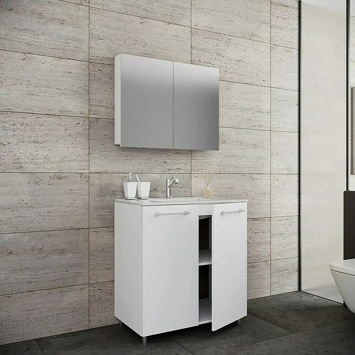 VCM Badinos Badmöbel-Set SPS - 60 cm, Weiß, Farbe Waschbecken: Weiß, Glänzend - Bild eines Badezimmerschranks mit Waschbecken und Spiegel, der Stauraum und Funktionalität in einem modernen Design bietet.