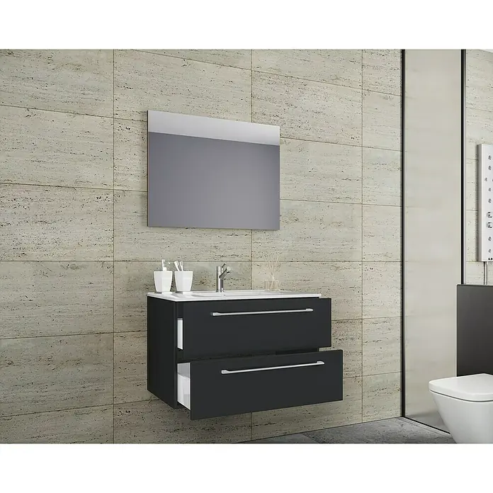 VCM Badinos Badmöbel-Set - 60 cm, Schwarz, 3 -tlg. - Modernes Badezimmer-Interieur mit einem stilvollen, schwarzen Waschtischunterschrank mit Auszügen und einem Spiegel.