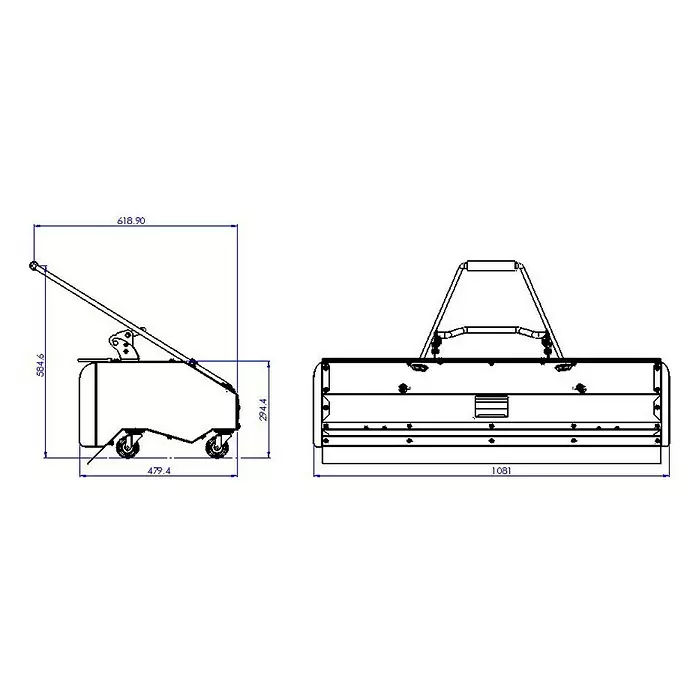 Zipper Kehrmaschine ZI-KM1000 - 3.600 W - Technische Zeichnung eines fahrbaren Magnet-Hebewerkzeugs mit langem Griff und oberen Tragegriff, inklusive Maßen.