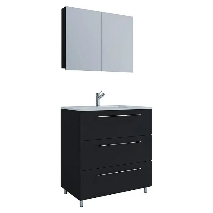 VCM Badinos Badmöbel-Set SPS - 60 cm, Schwarz, Farbe Waschbecken: Weiß - Badezimmermöbel-Set in Schwarz mit Waschbeckenunterschrank, drei Schubladen, Waschbecken und Spiegelschrank. Stilvolles Design für jedes Badezimmer.
