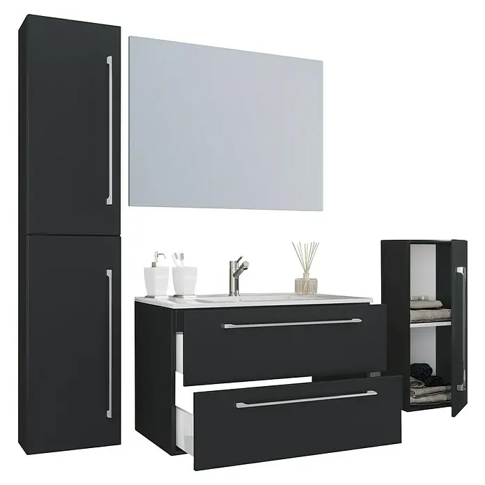VCM Badinos Badmöbel-Set - 60 cm, Schwarz, 5 -tlg. - Moderne Badezimmereinrichtung in Schwarz mit Spiegel, Waschtischunterschrank mit Schubladen und Hochschrank für stilvolle Badezimmer.