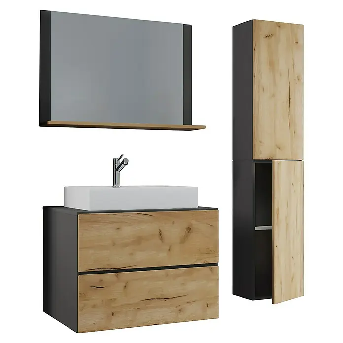 VCM Lendas Badmöbel-Set - 114 cm, Anthrazit/Honig-Eiche - Modernes Badezimmerset mit Waschtischunterschrank in Holzoptik, Aufsatzwaschbecken und Spiegelschrank für ein stilvolles Ambiente.