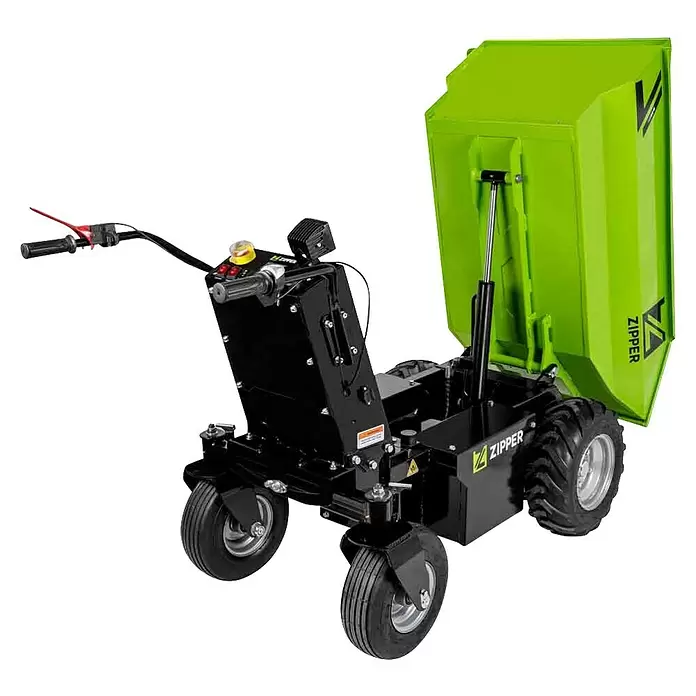 Zipper Raddumper ZI-ED500 - Akkuspannung: 48 V, 1 Akku, 32 Ah - Grün-schwarzer motorisierter Dumper mit kippbarer Mulde und Lenker.