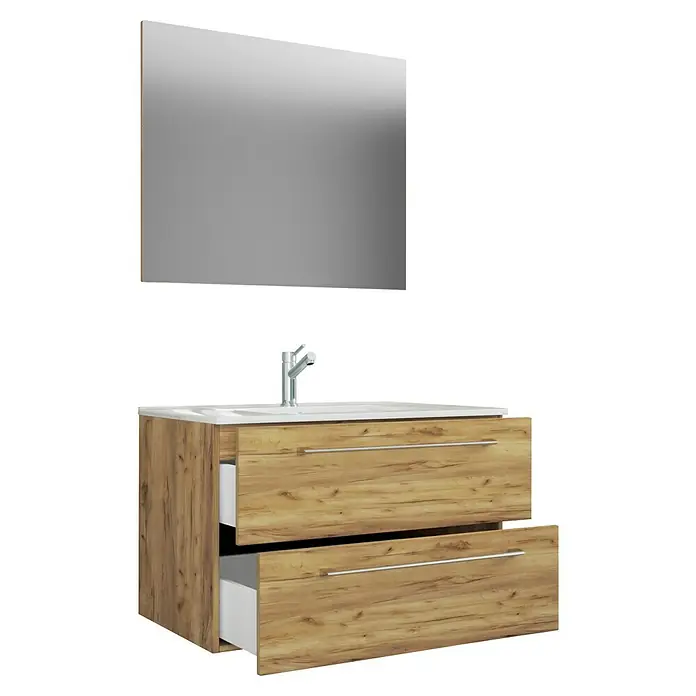 VCM Badinos Badmöbel-Set - 80 cm, Honig-Eiche, 3 -tlg. - Modernes Badezimmer-Waschbecken mit Holzstruktur und großem Spiegel für stilvolle Badgestaltung.