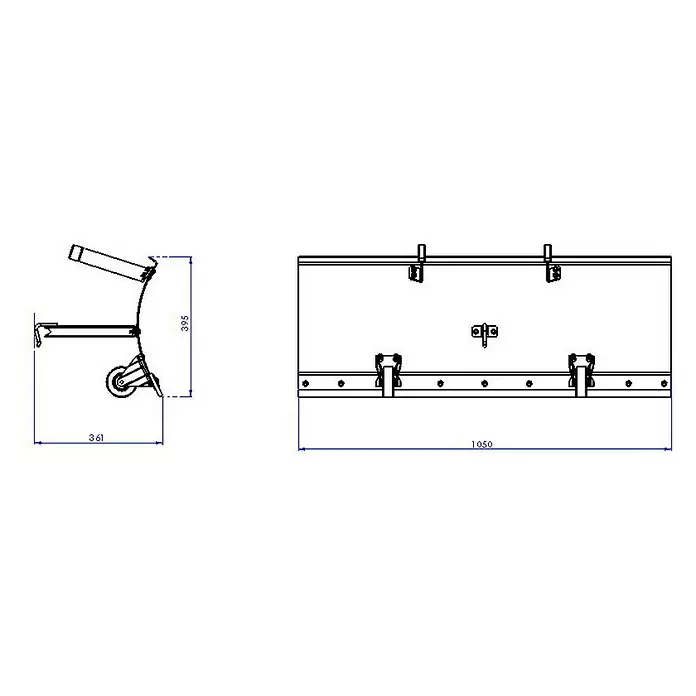 Zipper Kehrmaschine ZI-KM1000 - 3.600 W - Technische Zeichnung eines rollbaren, tragbaren Behälters mit Griffen, Verschlüssen und Maßen 361x395x1050 mm.