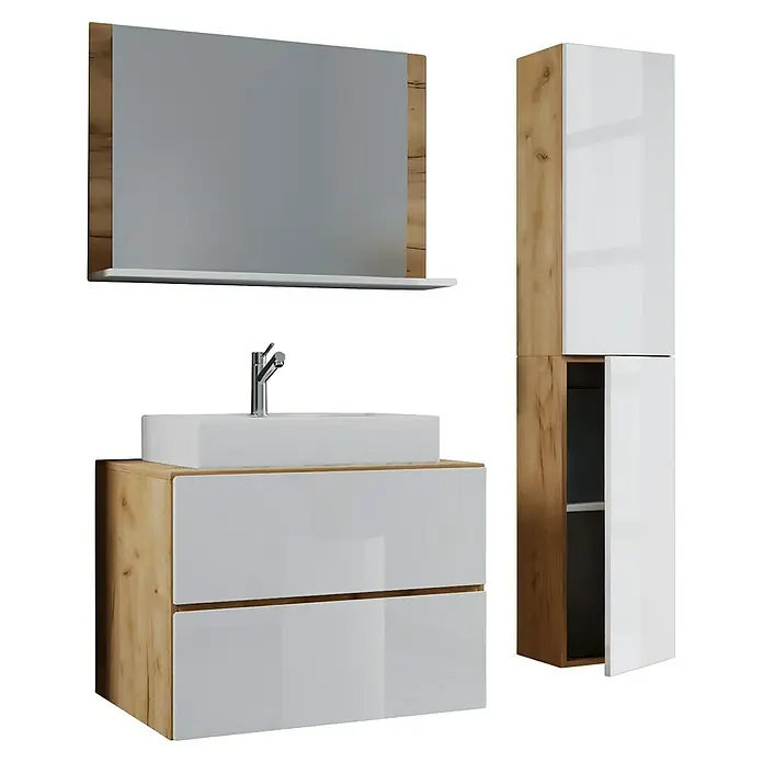 VCM Lendas Badmöbel-Set - 94 cm, Honig-Eiche/Weiß - Das Badezimmermöbel-Set mit Waschtisch, Spiegel und Hochschrank in Holzoptik und Weiß bietet stilvollen Stauraum.
