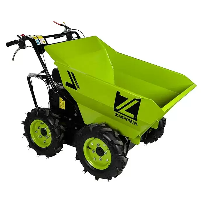 Zipper Raddumper ZI-RD300 - Motorbetrieben, Fassungsvermögen: 125 l - Limettengrüner Motor-Schubkarren mit schwarzem Rahmen und grobstolligen Reifen, ideal für schwere Lasten.
