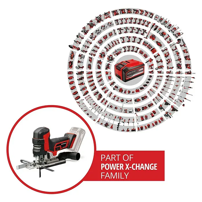 Einhell Professional Power X-Change 18V Akku-Pendelhubstichsäge TP-JST 18/135 Li BL - Solo - 18 V, Li-Ionen, Ohne Akku - Abbildung des Einhell Akku-Hobels und einer Übersicht aller Power X-Change Produkte. Das universelle Akku-System für Haus und Garten.