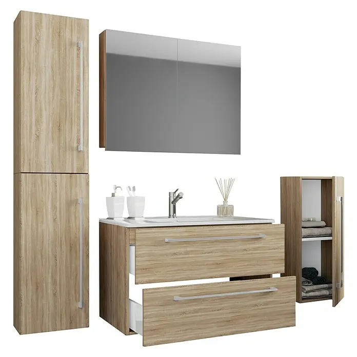 VCM Badinos Badmöbel-Set SPS - 146 cm, Sonoma-Eiche - Badezimmer-Set mit Spiegelschrank, Waschtischunterschrank mit Schubladen und Hochschrank mit Ablagefächern in Holzoptik.