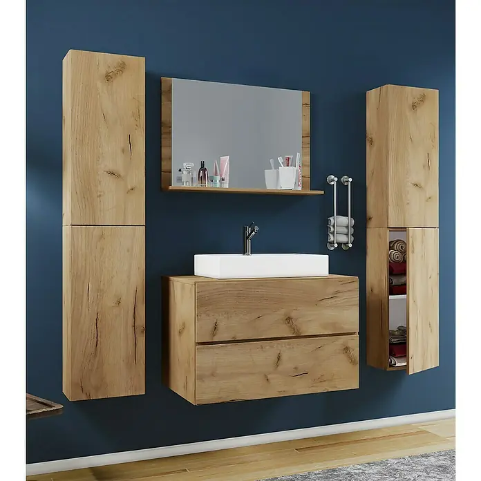 VCM Lendas Badmöbel-Set127 cm, Honig-Eiche - Badezimmermöbel-Set mit Waschtischunterschrank, Spiegelschrank und Hochschränken in Holzausführung für ein modernes Ambiente.