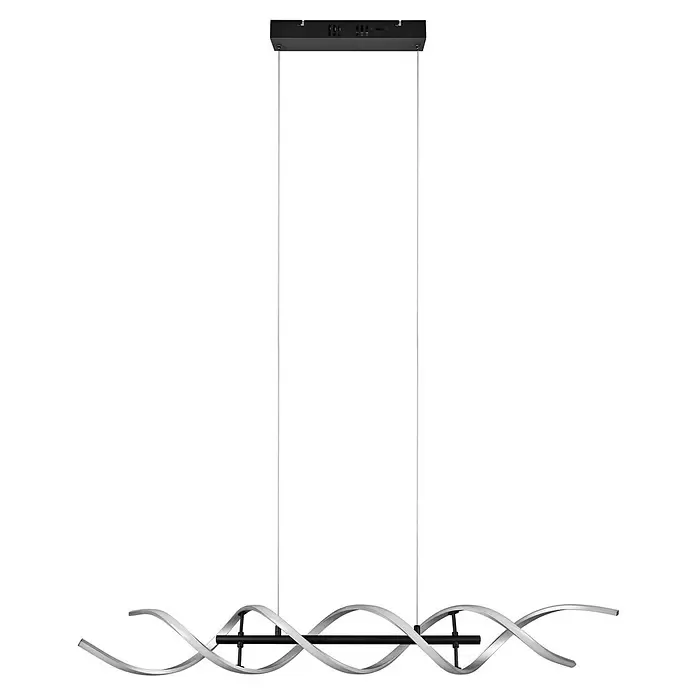 Trio Leuchten Sequence LED-Pendelleuchte - 45 W, L x B x H: 16 x 104,5 x 150 cm, Aluminium gebürstet/Schwarz, Mehrfarbig - Moderne lineare Pendelleuchte mit schwarzem Baldachin und einer aufgehängten, gedrehten silberfarbenen Metallleuchte.