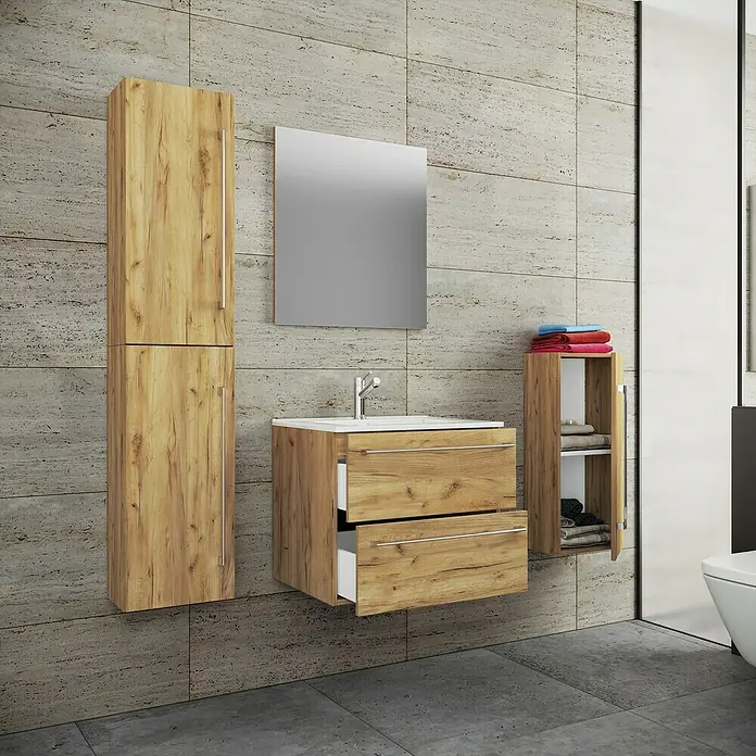 VCM Badinos Badmöbel-Set - 60 cm, Honig-Eiche, 5 -tlg. - Badezimmer-Set mit Waschtischunterschrank, Spiegelschrank, Hochschrank und Seitenschrank in Holzoptik für ein modernes Badambiente.