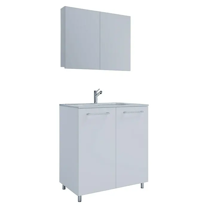 VCM Badinos Badmöbel-Set SPS - 60 cm, Weiß, Farbe Waschbecken: Weiß, Glänzend - Modernes Waschbecken mit Unterschrank und Hängeschrank in Weiß. Das Badmöbel-Set bietet praktischen Stauraum und ein stilvolles Design für Ihr Badezimmer.