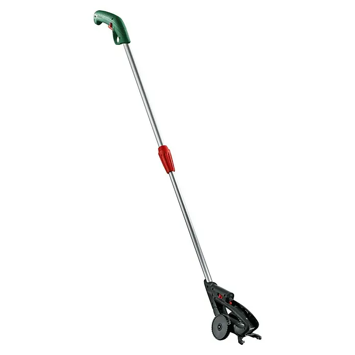 Bosch Akku-Grasschere Set Isio mit Teleskopstiel - 3,6 V, 1 Akku, Schwertbreite: 8 cm - Das Bild zeigt einen Bosch Unkrautentferner mit langem Griff für komfortables Arbeiten im Garten. Ideal zur Beseitigung von Unkraut.