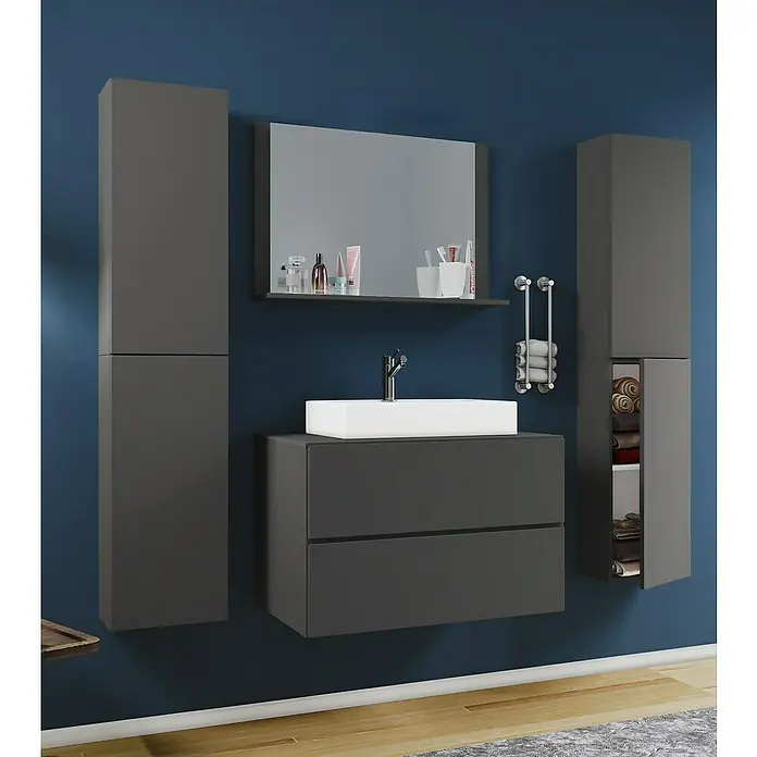 VCM Lendas Badmöbel-Set147 cm, Anthrazit - Modernes Badezimmer-Ensemble mit grauem Waschtischunterschrank, Spiegelschrank und zwei Hochschränken für stilvolle Badgestaltung.