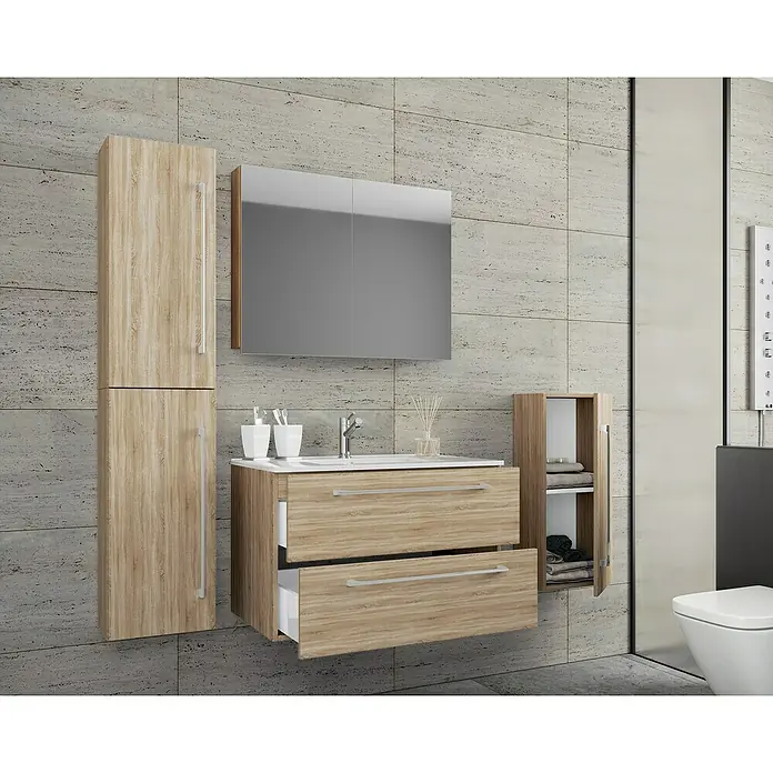 VCM Badinos Badmöbel-Set SPS - 126 cm, Sonoma-Eiche - Badezimmermöbel-Set in Holzoptik mit Waschbeckenunterschrank, Spiegelschrank und Hochschrank für ein modernes Badambiente.