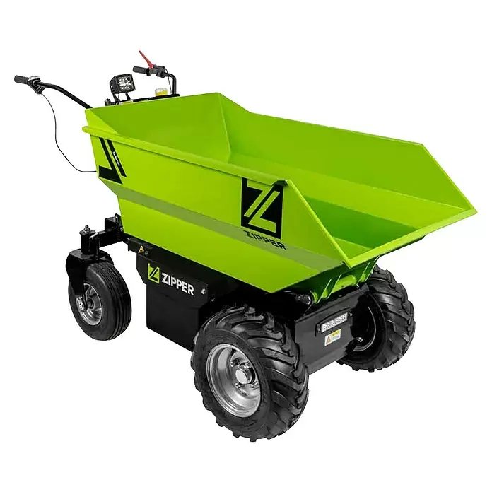 Zipper Raddumper ZI-ED500 - Akkuspannung: 48 V, 1 Akku, 32 Ah - Leuchtend grüne Elektro-Schubkarre mit robusten Reifen für schwere Lasten.