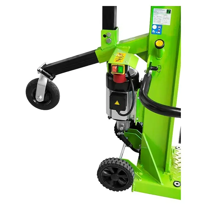 Zipper Holzspalter ZI-HS12TN - 3.300 W, 12 t, Max. Spaltgutlänge: 104 cm - Nahaufnahme eines hellgrünen Holzspalters mit einem schwarzen Rad und Bedienfeld.