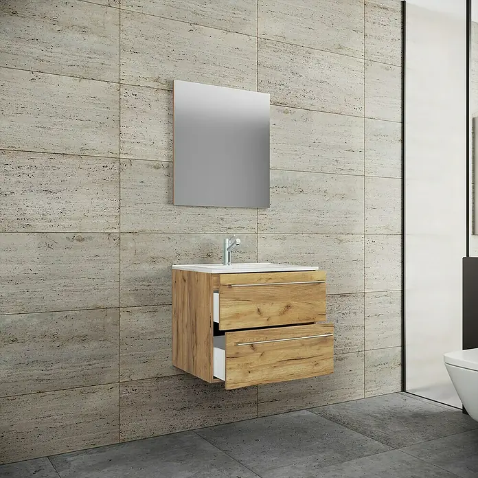 VCM Badinos Badmöbel-Set - 60 cm, Honig-Eiche, 3 -tlg. - Holzwaschtisch mit zwei Schubladen und Spiegel, der modernes Design und Funktionalität im Badezimmer vereint.