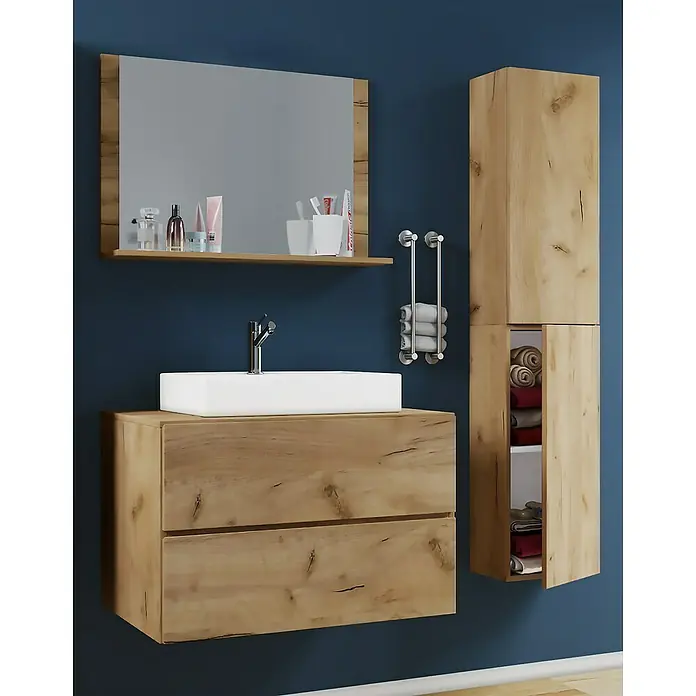 VCM Lendas Badmöbel-Set - 94 cm, Honig-Eiche - Badezimmer-Set mit Waschtischunterschrank, Aufsatzwaschbecken, Spiegelschrank und Hochschrank in Holzoptik. Stilvolles Badmöbel-Ensemble.
