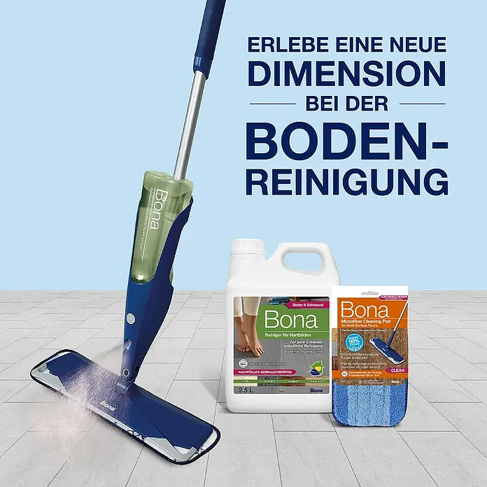 Bona Fliesen- & Laminatreiniger für Hartböden - 850 ml, Kartusche - Bona Hartboden Reinigungsset mit Mikrofaser-Mopp, Reiniger und Reinigungspad für eine effektive und schonende Bodenreinigung.