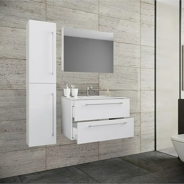 VCM Badinos Badmöbel-Set SPS - 61 cm, Weiß - Badezimmer-Ensemble mit weißen Badmöbeln: Hochschrank, Spiegelschrank und Waschtisch mit Schubladen für ein modernes Ambiente.