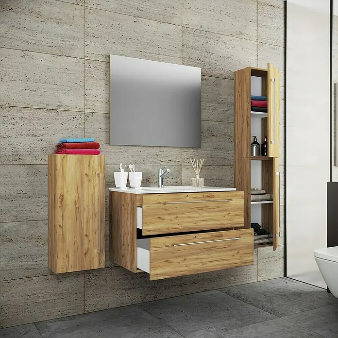 VCM Badinos Badmöbel-Set80 cm, Honig-Eiche, 5 -tlg. - Moderne Badezimmer-Waschtischkombination mit Holzoberfläche, Spiegel und Stauraum für ein stilvolles Ambiente.