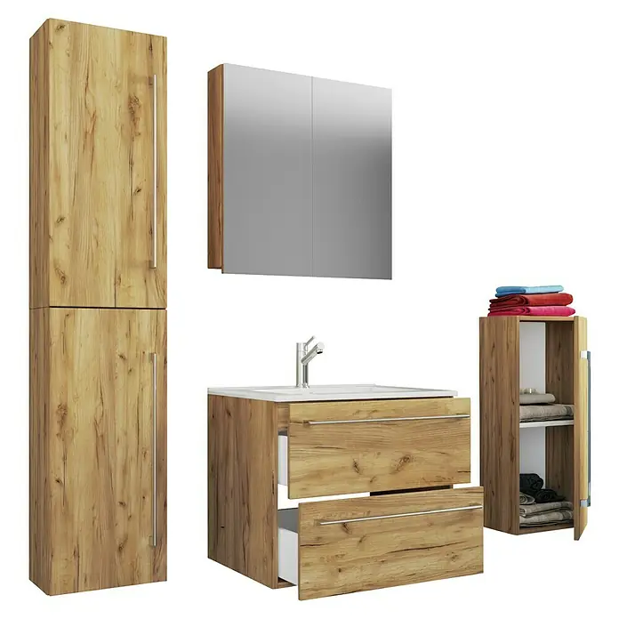 VCM Badinos Badmöbel-Set SPS - 126 cm, Honig-Eiche - Badezimmer-Set mit Spiegelschrank, Waschbeckenunterschrank mit Schubladen und Hochschrank mit Tür. Holz-Optik für ein modernes Ambiente.