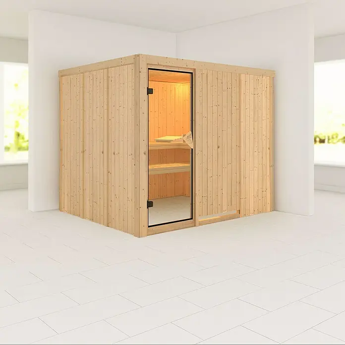 Karibu Elementsauna Gobin - Ohne Ofen, Ohne Dachkranz, L x B x H: 231 x 196 x 192 cm - Innenansicht einer eleganten Holzsauna mit Glastür, die Wärme und Entspannung in einem modernen Raumambiente verspricht.