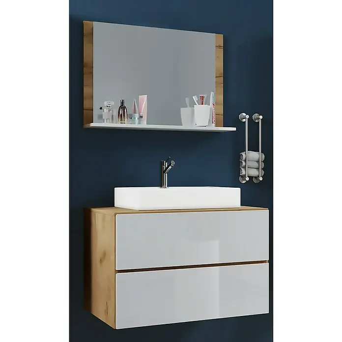 VCM Lendas Badmöbel-Set - 80 cm, Honig-Eiche/Weiß - Badezimmermöbel mit Waschbecken, Spiegel und Handtuchhalter in stilvollem Design.