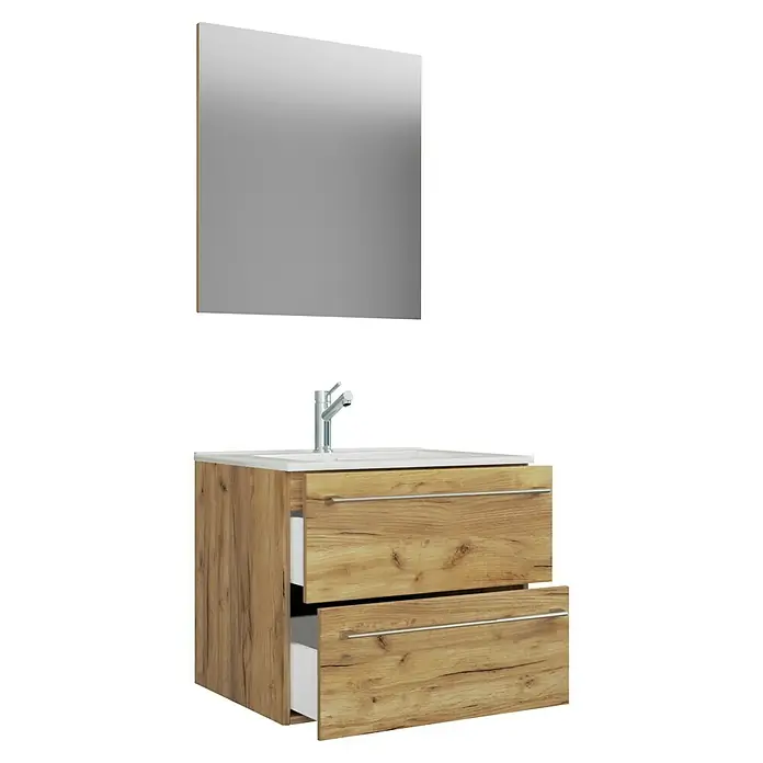 VCM Badinos Badmöbel-Set - 60 cm, Honig-Eiche, 3 -tlg. - Modernes Badezimmermöbel-Set mit Holzoptik, bestehend aus einem Waschbeckenunterschrank mit zwei Schubladen und einem passenden Spiegel.
