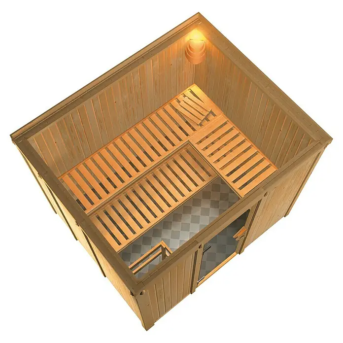 Karibu Elementsauna Gobin - Ohne Ofen, Ohne Dachkranz, L x B x H: 231 x 196 x 192 cm - Innenansicht einer Holzsauna mit Bänken, Fliesenboden und einer Lichtquelle. Die Sauna ist für Entspannung konzipiert.