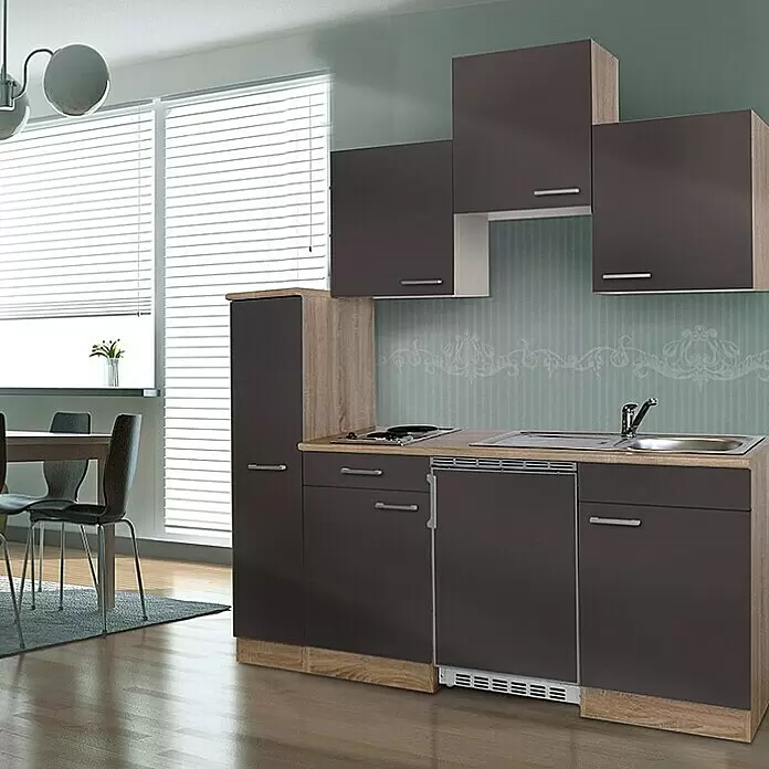 Respekta Cocina compacta Luis - Ancho: 180 cm, Gris, Color del cuerpo: Marrón, Con placa vitrocerámica - Cocina compacta con frentes gris oscuro, detalles efecto madera clara, fregadero, placa y nevera integrados.