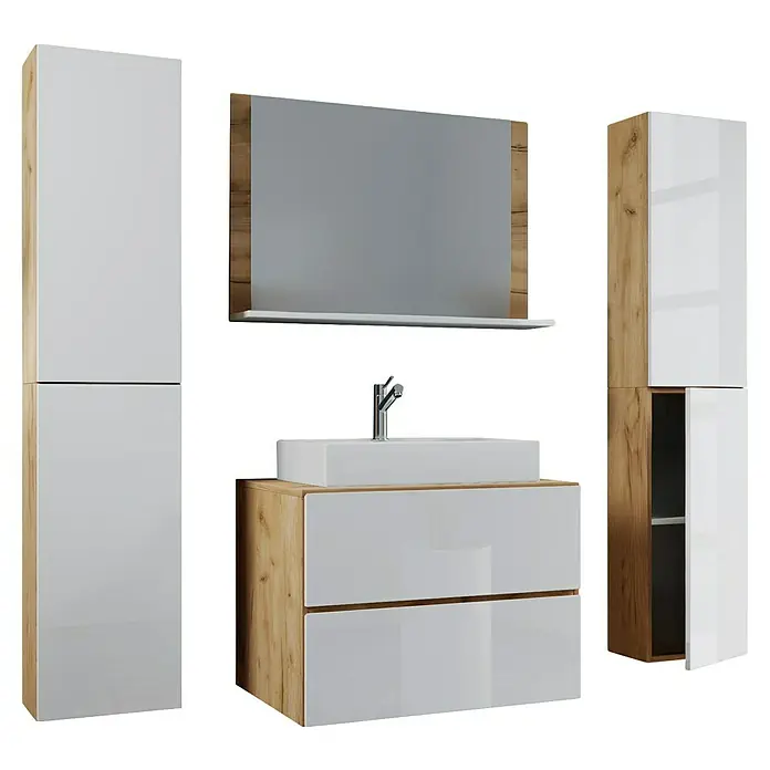 VCM Lendas Badmöbel-Set - 127 cm, Honig-Eiche/Weiß - Modernes Badezimmer-Set mit Waschtisch, Spiegelschrank und Hochschränken in Weiß und Holzoptik. Elegantes Design für stilvolle Badezimmer.