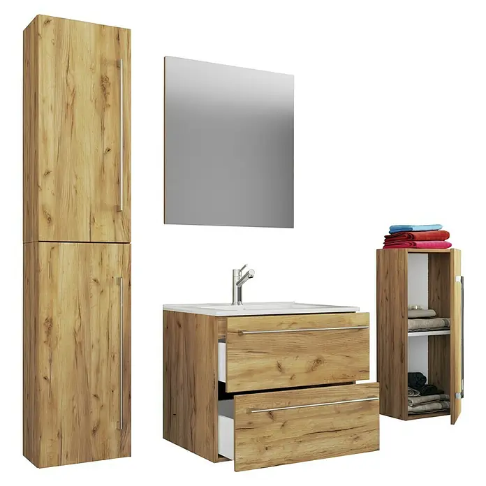 VCM Badinos Badmöbel-Set - 60 cm, Honig-Eiche, 5 -tlg. - Badezimmermöbelset mit Waschbeckenunterschrank, Spiegelschrank und Hochschrank in Holzoptik für ein stilvolles und funktionales Badezimmer.