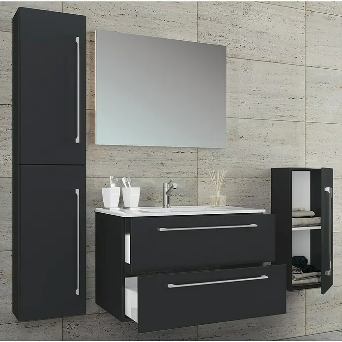 VCM Badinos Badmöbel-Set - 60 cm, Schwarz, 5 -tlg. - Elegantes Badezimmer-Set in Anthrazit mit Waschtischunterschrank, Spiegelschrank und Hochschrank für ein modernes Ambiente.