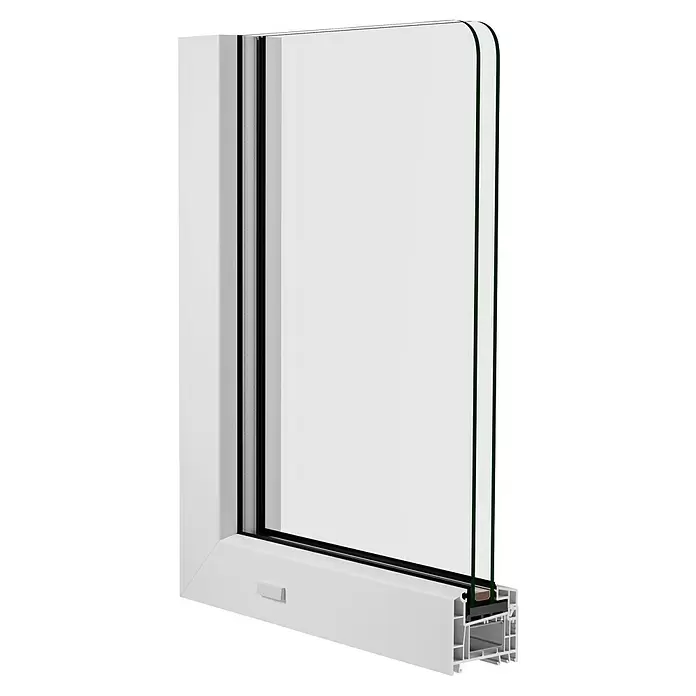 Solid Elements Kunststofffenster New Basic Festverglasung - 100 x 100 cm, Verglasung: 2-fach, Weiß - Weißer PVC-Fensterrahmen im Querschnitt mit Doppelverglasung, zeigt Isolierung und Konstruktionsdetails.